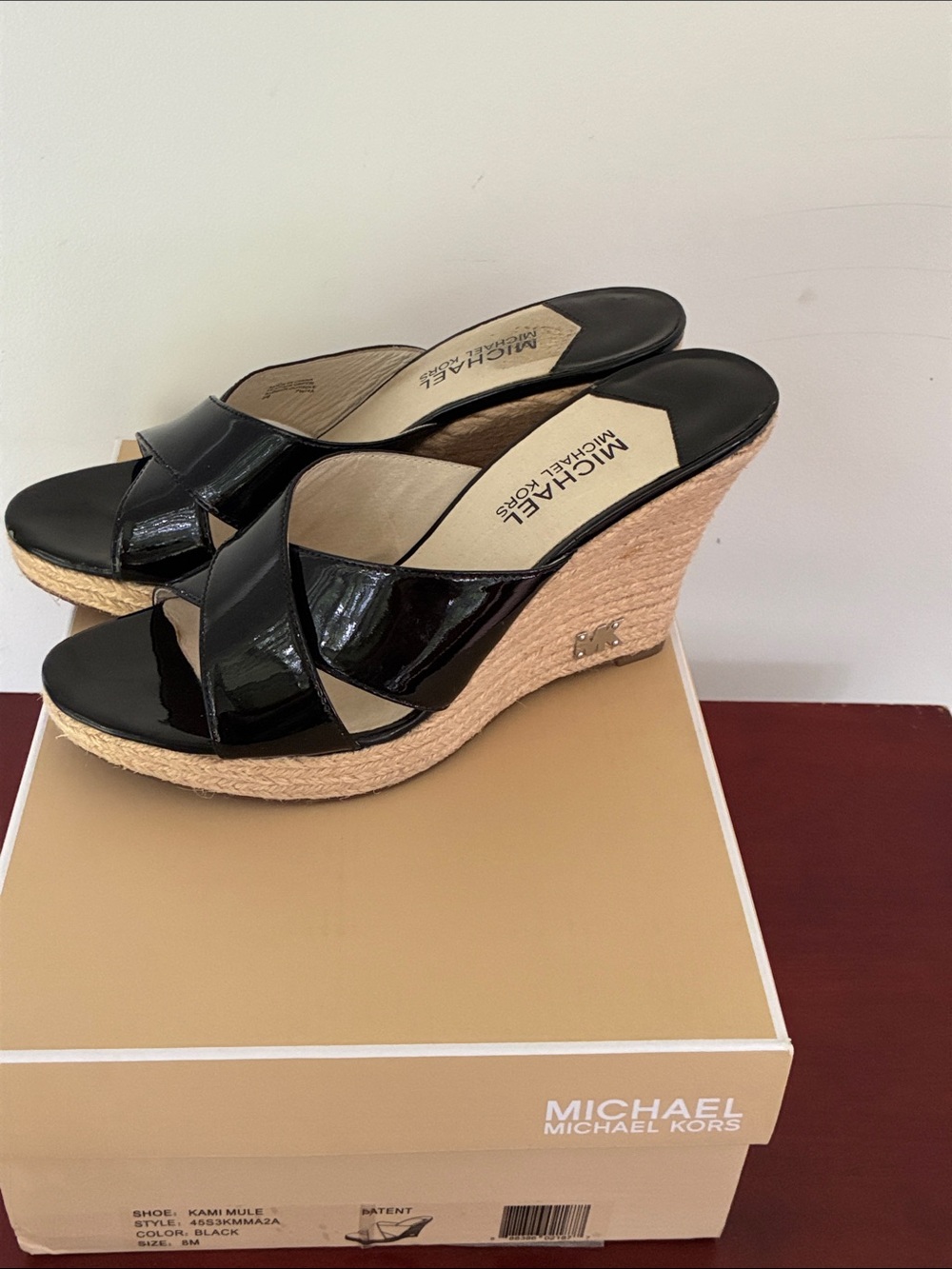 MICHAEL Michael Kors Black Patent Espadrille Wedge Slides - Picture 5 of 12